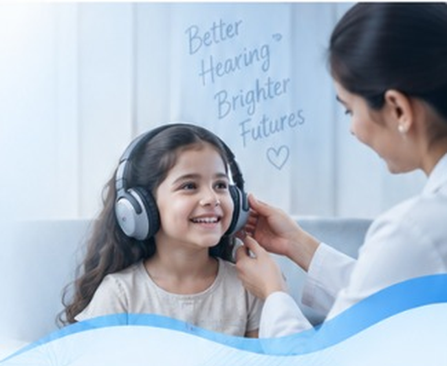 Audiologist fitting headphones on a smiling girl for a hearing test